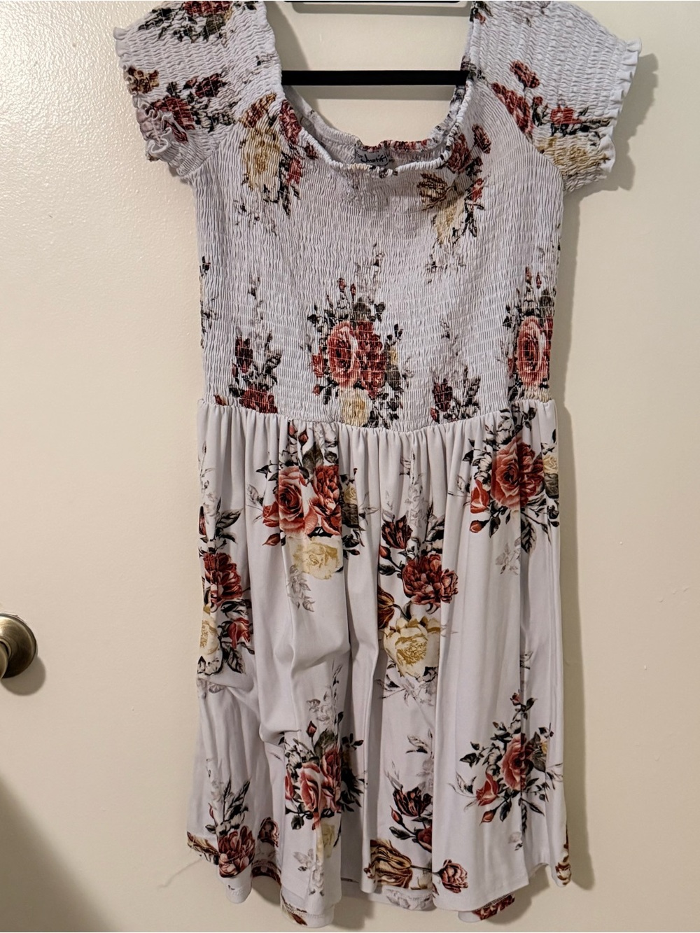 Justify White Floral Smocked Fit & Flare Dress 2X Square Neck Stretch